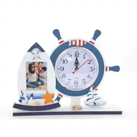 Özgün Tasarım Ahşap Marin Dümenli Fotoğraf Çerçeveli Dekoratif Masa Saati