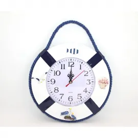 Deniz Temalı Ahşap Marin Duvar Saati – Dekoratif Can Simidi Tasarımı Ev Ofis Aksesuarı