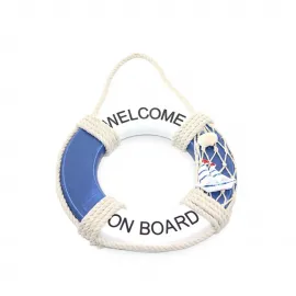 Deniz Temalı Ahşap Marin Duvar Dekoru Can Simidi - Welcome On Board Yazılı, 18 cm