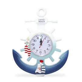 Deniz Temalı Ahşap Marin Dümen ve Çapa Tasarımlı Dekoratif Duvar Saati