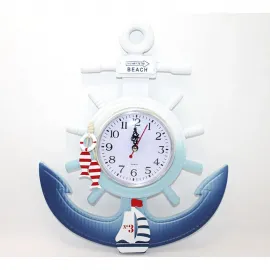 Deniz Temalı Ahşap Marin Dümen ve Çapa Tasarımlı Dekoratif Duvar Saati