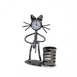 Şık Metal Saksafoncu Kedi Müzisyen Figürlü Masa Saati ve Kalemlik - Dekoratif Ofis Ev Aksesuarı