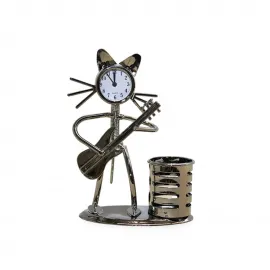 Şık Metal Kedi Müzisyen Masa Saati ve Kalemlik – Gitar Çalan Dekoratif Obje