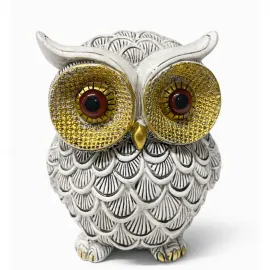Zarif Beyaz Polyester Baykuş Biblo | Altın Göz Detaylı Modern Ev Ofis Dekoratif Figürü