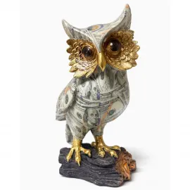 Şık Dolar Desenli Dekoratif Baykuş Biblo Altın Detaylı Polyester Obje