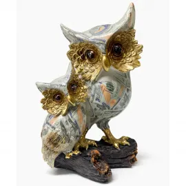 Şık Altın Detaylı Para Desenli Polyester Baykuş Biblo Obje | Ev Ofis Dekorasyonu İçin Özel Tasarım Figür