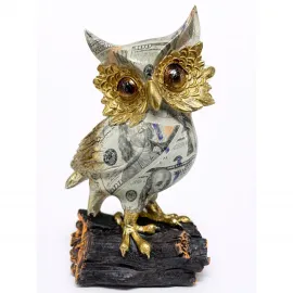 Lüks Görünümlü Altın Detaylı 100 Dolar Motifli Özel Tasarım Polyester Baykuş Dekoratif Biblo Figür