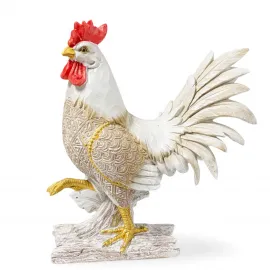 El İşçiliği Beyaz ve Altın Detaylı Polyester Horoz Biblo | Şık Ev Ofis Dekorasyonu