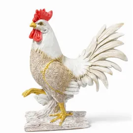 El İşçiliği Beyaz ve Altın Detaylı Polyester Horoz Biblo | Şık Ev Ofis Dekorasyonu
