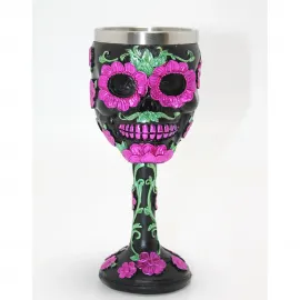 Day Of The Dead Şeker Kurukafa Temalı Pembe Çiçekli 3D Çelik Kadeh Bardak – Eşsiz Dekoratif Kupa