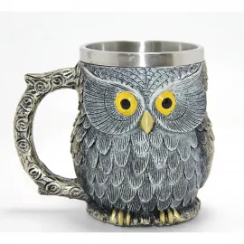 Bilge Baykuş Temalı 3D Kabartmalı Paslanmaz Çelik Kupa | Gotik Tasarım Dekoratif Bardak