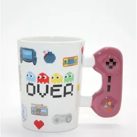 Retro Oyuncu Temalı Game Over Pixel Art Porselen Kupa Bardak | Orijinal Kontrolör Saplı Tasarım