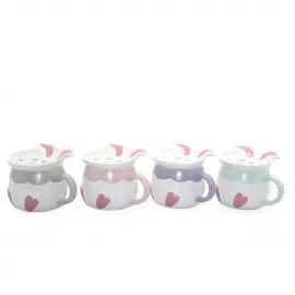 Sevimli Tavşan Kulaklı Kapaklı Porselen Kupa Bardak – Pastel Renk Seçenekli Kahve ve Çay Bardağı