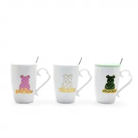 Sevimli Ayıcık Desenli Porselen Kupa Bardak | Kapaklı ve Kaşıklı Şık Hediyelik Tasarım