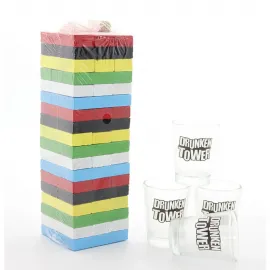 Eğlenceli Jenga Shot Bardak Kule Oyunu Seti - Ahşap Bloklar ve 4 Adet Cam Shot Bardağı