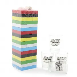 Eğlenceli Jenga Shot Bardak Kule Oyunu Seti - Ahşap Bloklar ve 4 Adet Cam Shot Bardağı