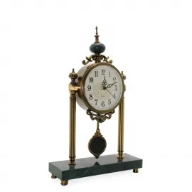 Lüks Antik Görünümlü Mermer Tabanlı Metal Masa Saati Sarkaçlı Dekoratif Salon Ofis Saati