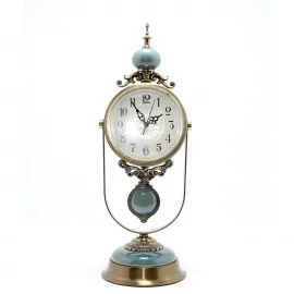 Antik Görünümlü Dekoratif Sarkaçlı Masa Saati Metal Seramik Detaylı Ev Ofis