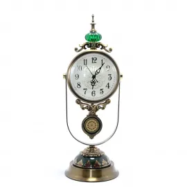 Vintage Sarkaçlı Masa Saati Antik Bronz ve Yeşil Detaylı Dekoratif Metal Objeler