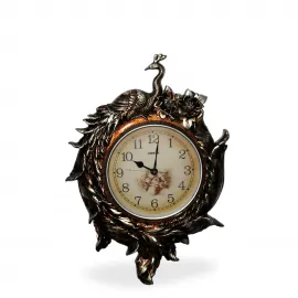 Antik Bronz Esintili Tavuskuşu Motifli Büyük Boy Dekoratif Duvar Saati | Salon ve Ofis İçin Şık Tasarım