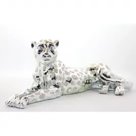 Parlak Kristal Taşlı Gümüş Görünümlü Oturan Kaplan Figürü Dekoratif Ev Ofis Aksesuarı