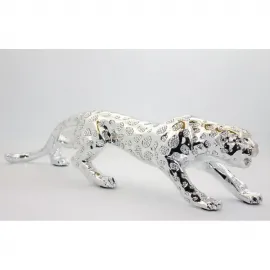 Parlak Gümüş Kaplan Biblo Figürü | Lüks Ev Dekorasyonu İçin El Yapımı Taşlı Polyester Obje