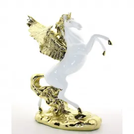 Lüks Gold Beyaz Şahlanan Kanatlı Pegasus Unicorn At Figürü Dekoratif Biblo 35 Cm