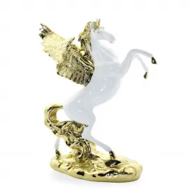 Lüks Gold Beyaz Şahlanan Kanatlı Pegasus Unicorn At Figürü Dekoratif Biblo 35 Cm