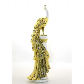 Lüks Altın Rengi Mavi Taş Detaylı Polyester Tavuskuşu Biblo Figürü Ev Ofis Dekorasyon