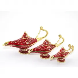 Swarovski Taşlı Kırmızı Altın Detaylı 3'lü Alaaddin Lambası Biblo Dekoratif Seti
