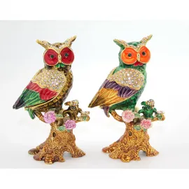 Swaroski Taşlı El Boyaması Renkli Dekoratif Baykuş Biblo Figür | 12x7 Cm