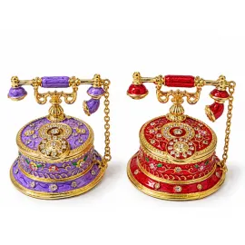 El Yapımı Swarovski Taşlı Vintage Telefon Tasarımlı Dekoratif Kutu – Mor ve Kırmızı Renk Seçenekleri