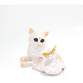 Swarovski Taşlı Beyaz Kedi Biblo Figürü Kelebek Detaylı Zarif Dekoratif Obje