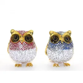 Parlak Swaroski Taşlarla Süslü Dekoratif Baykuş Figürleri: Kırmızı ve Mavi Renk Seçenekleri