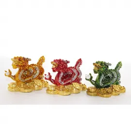 Şans ve Refah Getiren Swarovski Taşlı Renkli Ejderha Biblo: Altın, Kırmızı, Yeşil İnci Detaylı Koleksiyon