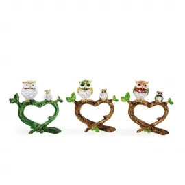 Kalp Dal Üzerinde Swarovski Taşlı Baykuş Aile Biblosu| Ev Dekorasyonunuz İçin Benzersiz Figürler