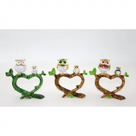 Kalp Dal Üzerinde Swarovski Taşlı Baykuş Aile Biblosu| Ev Dekorasyonunuz İçin Benzersiz Figürler