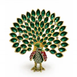 Swarovski Kristal Taşlı Yeşil Tavuskuşu Biblo - Zarif Dekoratif Obje 10x10 cm