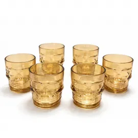 6'lı Amber Renkli Kurukafa Cam Bardak Seti - Gotik Tasarım Viski Kadehleri