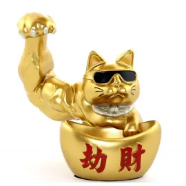 Lüks Altın Renkli Kaslı Havalı Gözlüklü Şanslı Kedi Figürü Biblo - Zenginlik Bereket Dekorasyon