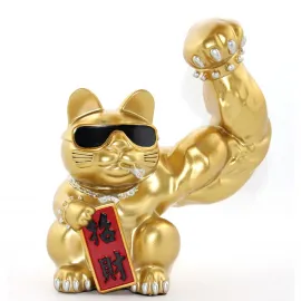 Altın Renk Havalı ve Güçlü Kaslı Şanslı Kedi Biblosu – Masaüstü Dekoratif Polyester Figür