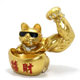 Altın Renk Kaslı Şanslı Kedi Figürü - Modern Gözlüklü Zenginlik ve Şans Biblosu Dekorasyonu
