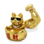 Altın Renk Kaslı Şanslı Kedi Figürü - Modern Gözlüklü Zenginlik ve Şans Biblosu Dekorasyonu