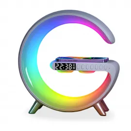 Çok Fonksiyonlu RGB LED Masa Lambası | Kablosuz Şarj, Bluetooth Hoparlör, Dijital Alarm Saat