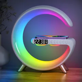 Çok Fonksiyonlu RGB LED Masa Lambası | Kablosuz Şarj, Bluetooth Hoparlör, Dijital Alarm Saat