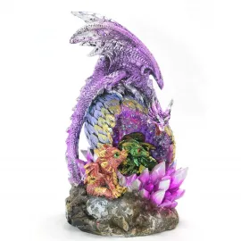 Işıklı Mor Kristal Yuvasında Ejderha Ailesi Biblo Figür | Koruyucu Anne Dragon