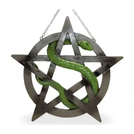 Duvara Asmalı Polyester Pentagram ve Yeşil Yılan Biblosu | Gotik Dekorasyon Figürü