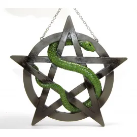 Duvara Asmalı Polyester Pentagram ve Yeşil Yılan Biblosu | Gotik Dekorasyon Figürü