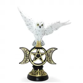 Mistik Üçlü Ay Pentagramlı Kanatlı Beyaz Baykuş Biblosu Ev Ofis Dekorasyonu