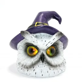 Dekoratif Cadı Şapkalı Işıklı Gözlü Beyaz Baykuş Biblo Halloween Figürü